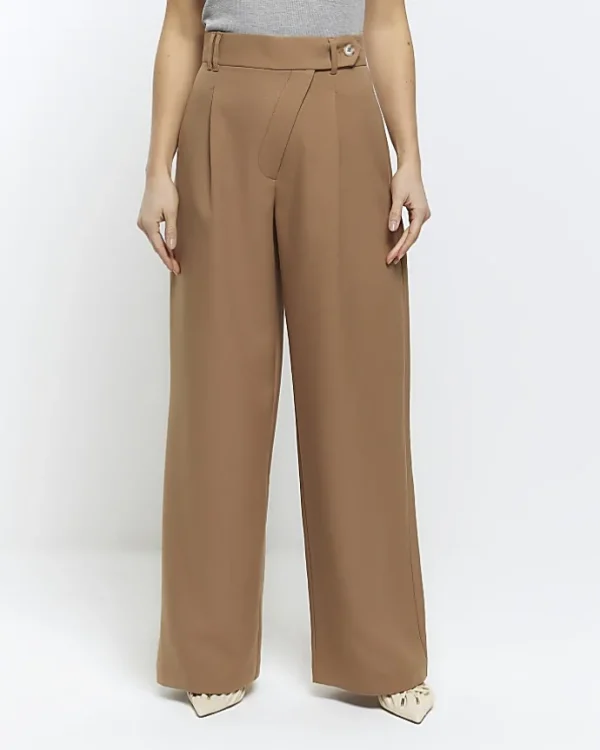 Beige asymmetric waist wide leg trousers