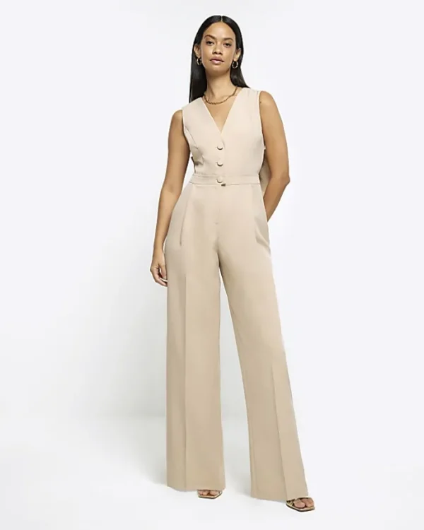 Beige bow blazer jumpsuit