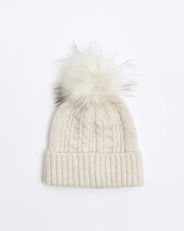 Beige cable knit beanie hat