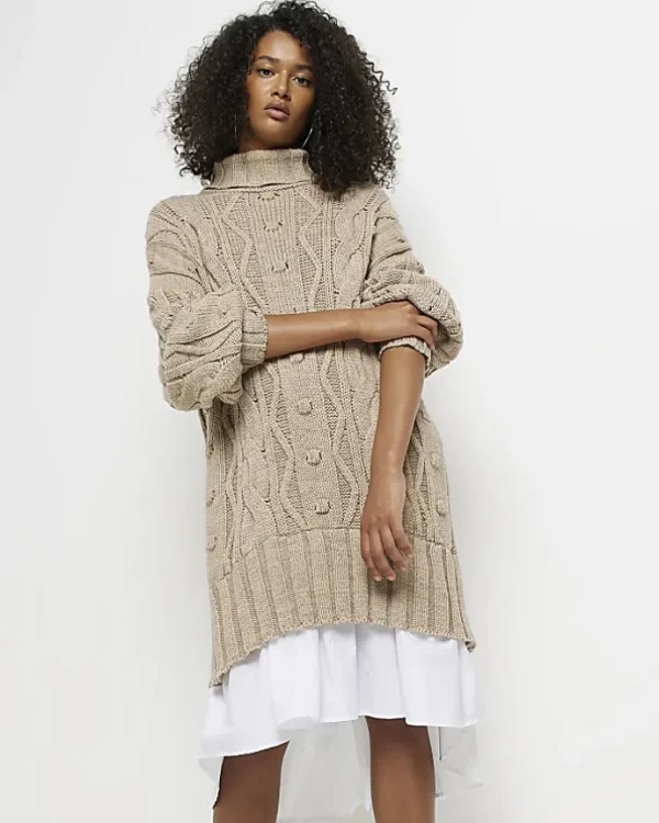 Beige cable knit mini jumper shirt dress