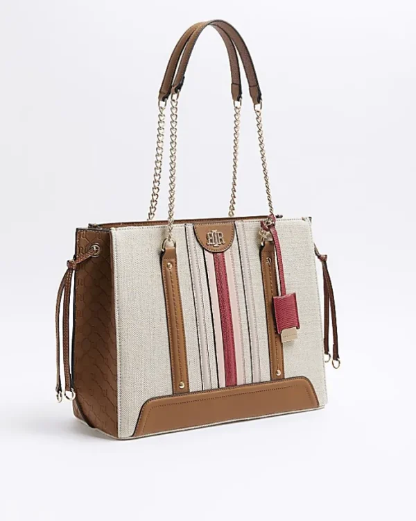 Beige canvas chain shopper bag