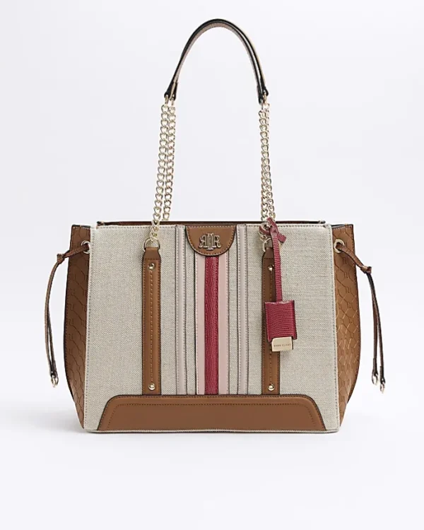 Beige canvas chain shopper bag