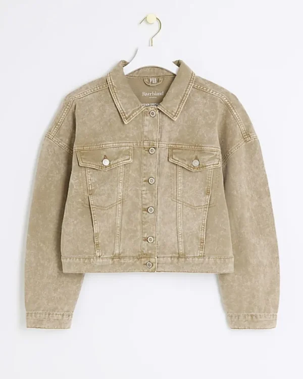 Beige cropped denim jacket