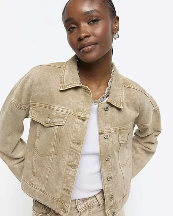 Beige cropped denim jacket