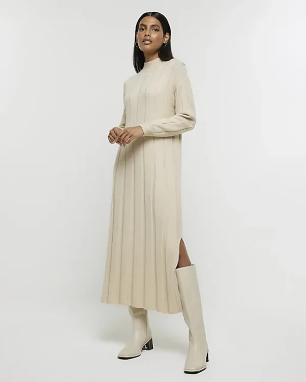 Beige high neck jumper maxi dress