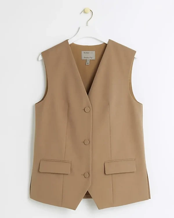 Beige longline button up waistcoat