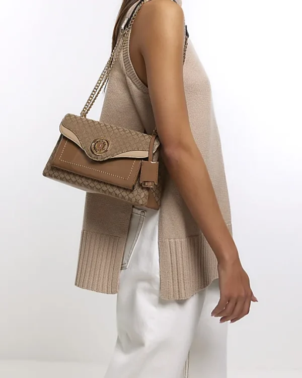 Beige monogram chain shoulder bag