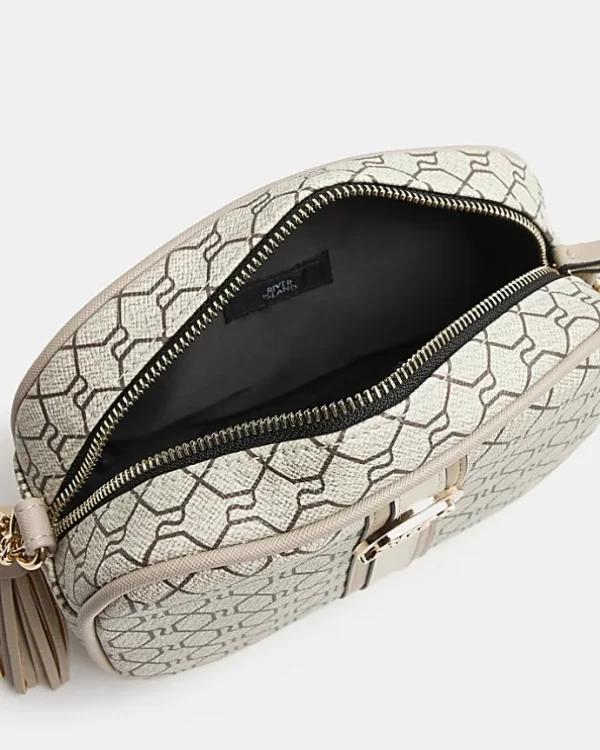 Beige RI monogram print cross body bag