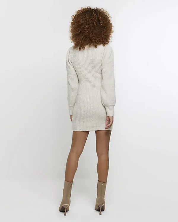 Beige rib puff sleeve jumper mini dress