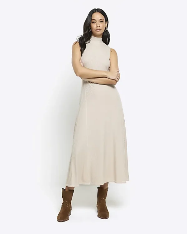 Beige rib sleeveless midi dress