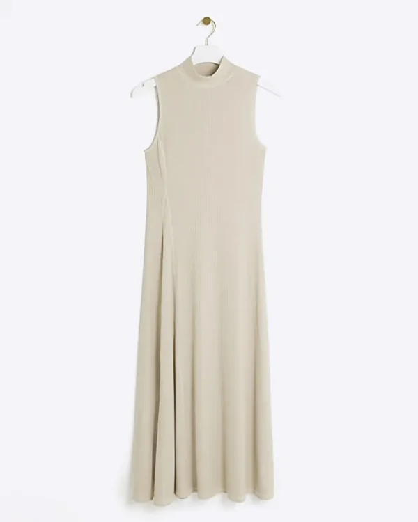 Beige rib sleeveless midi dress