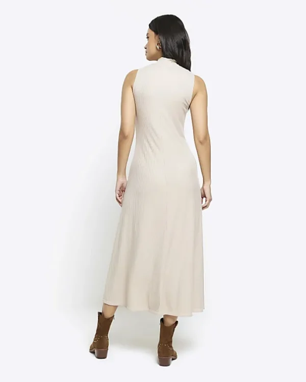 Beige rib sleeveless midi dress