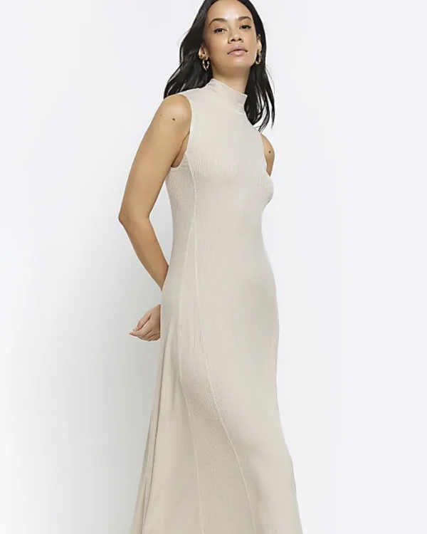 Beige rib sleeveless midi dress