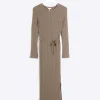 Beige rib tie waist jumper maxi dress