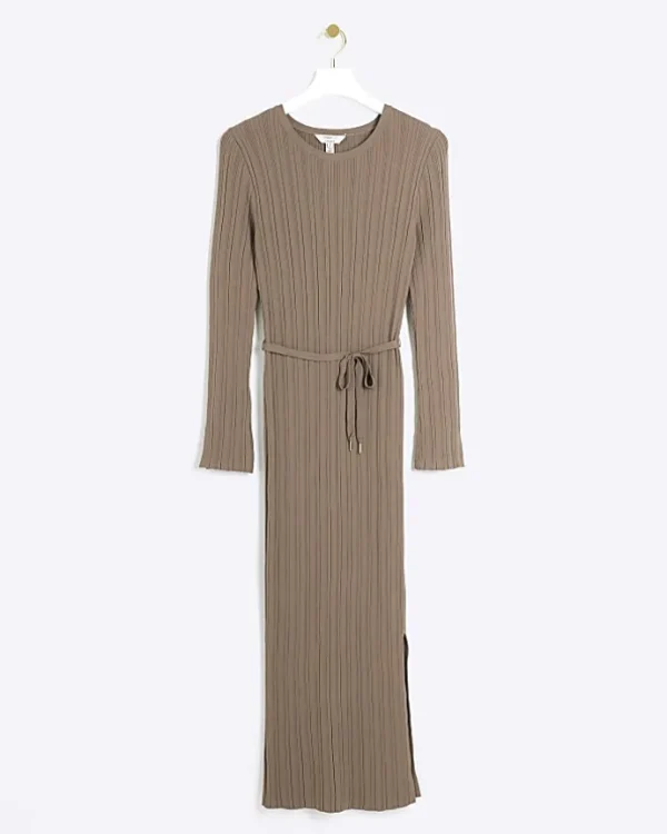 Beige rib tie waist jumper maxi dress