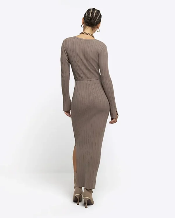 Beige rib tie waist jumper maxi dress