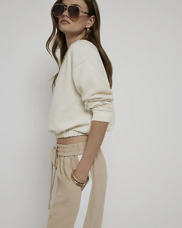 Beige side stripe wide leg joggers