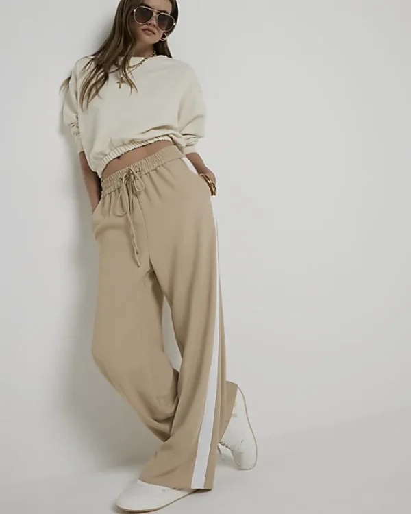 Beige side stripe wide leg joggers