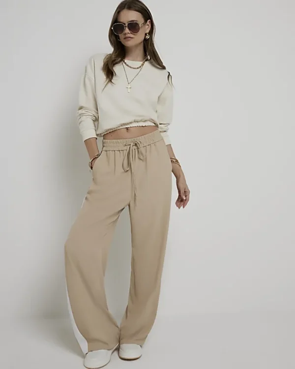 Beige side stripe wide leg joggers