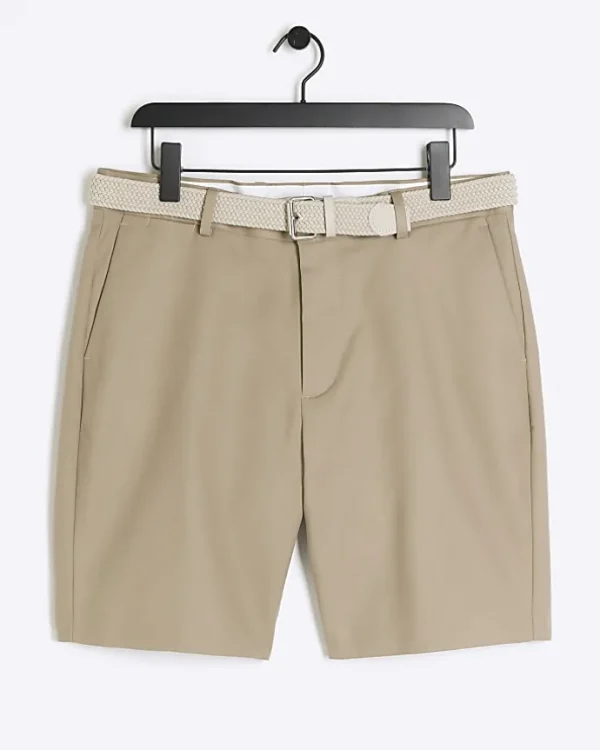 Beige slim fit belted chino shorts