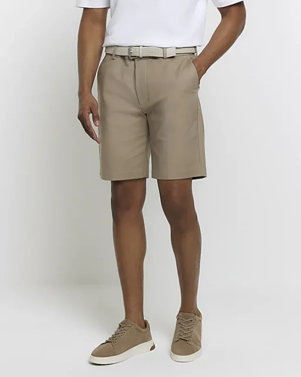 Beige slim fit belted chino shorts