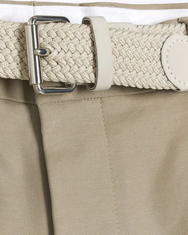 Beige slim fit belted chino shorts