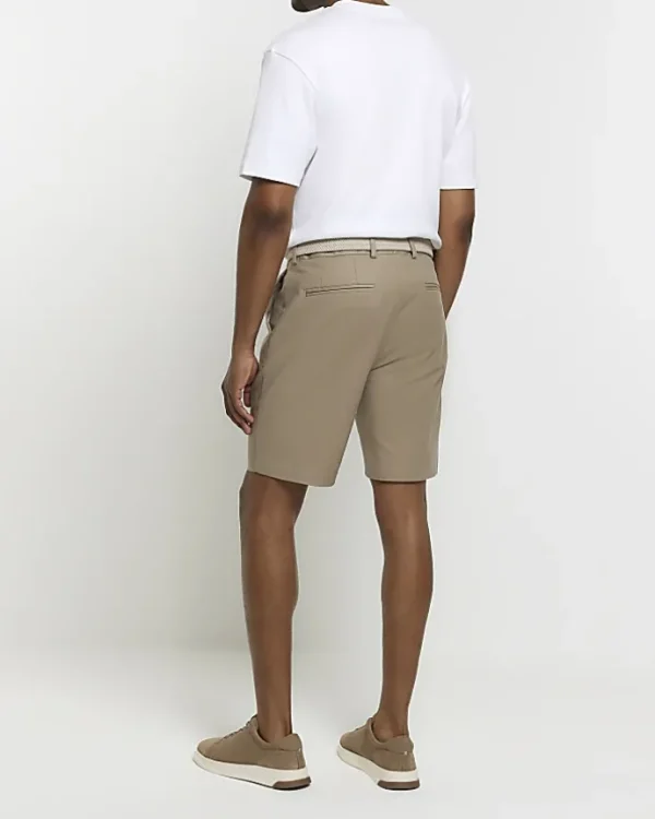 Beige slim fit belted chino shorts