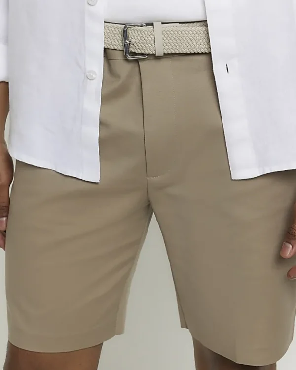 Beige slim fit belted chino shorts