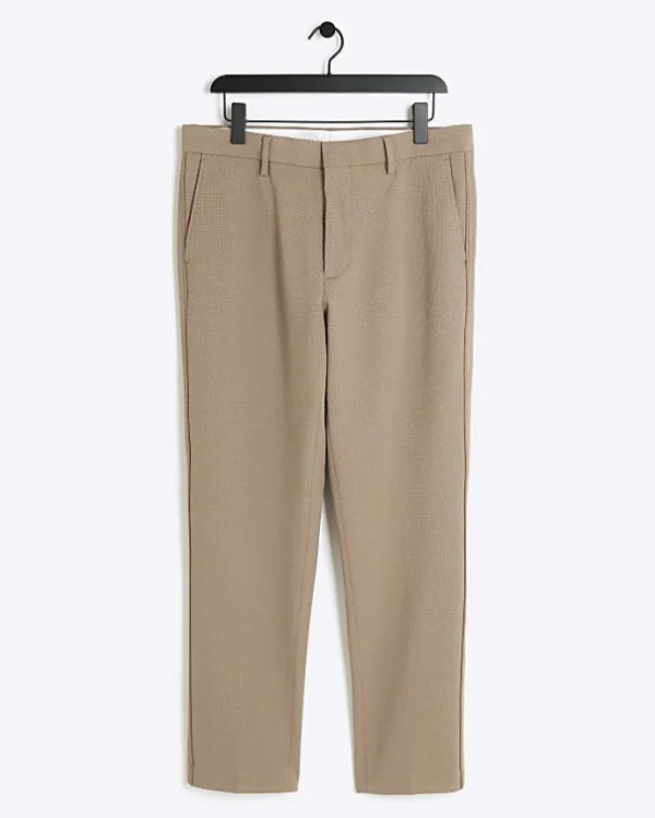 Beige slim fit waffle textured trousers