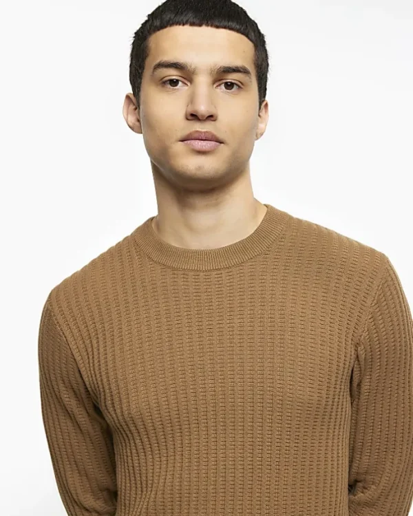 Beige slim fit waffle texture jumper