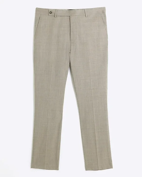 Beige slim fit wool blend suit trousers