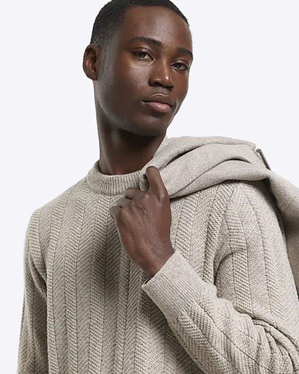 Beige slim fit wool blend crew jumper