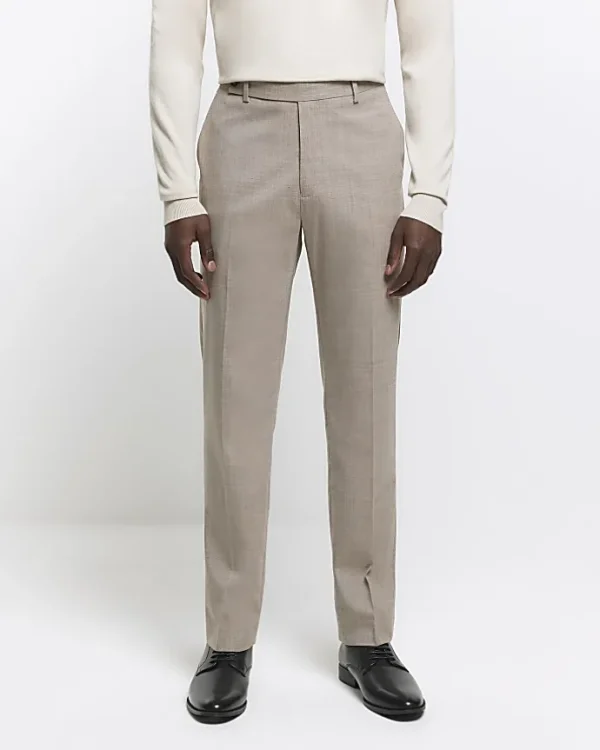 Beige slim fit wool blend suit trousers