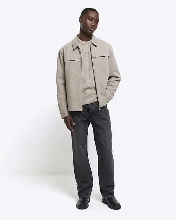 Beige slim fit wool blend crew jumper