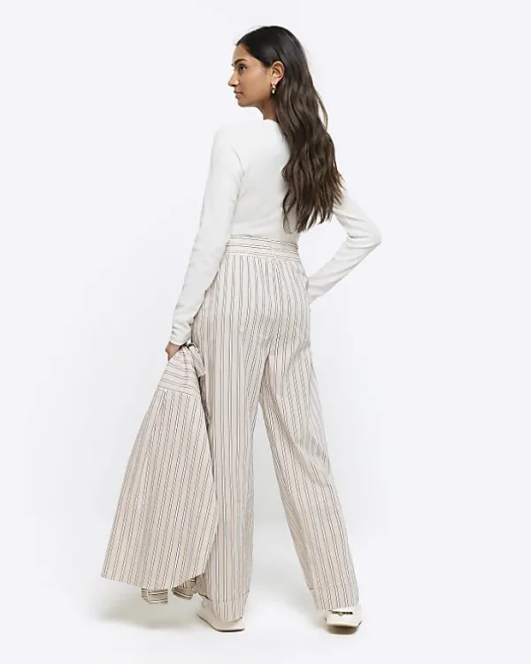 Beige stripe straight pull on trousers