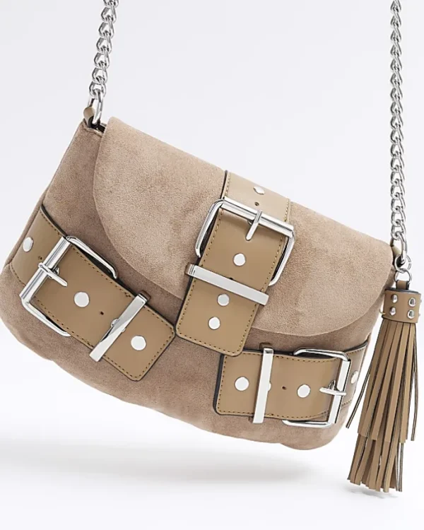 Beige suedette buckle shoulder bag