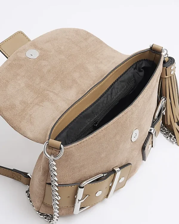 Beige suedette buckle shoulder bag