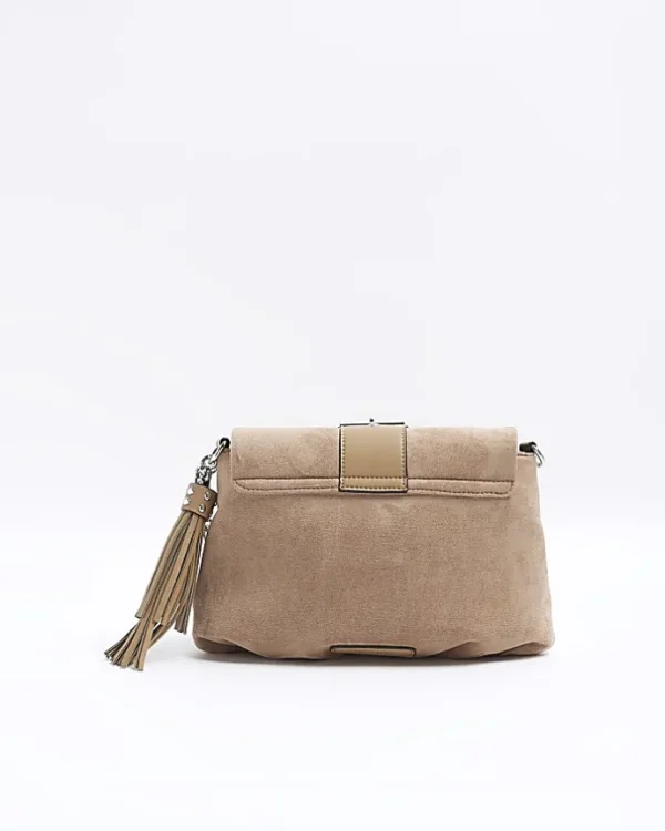 Beige suedette buckle shoulder bag