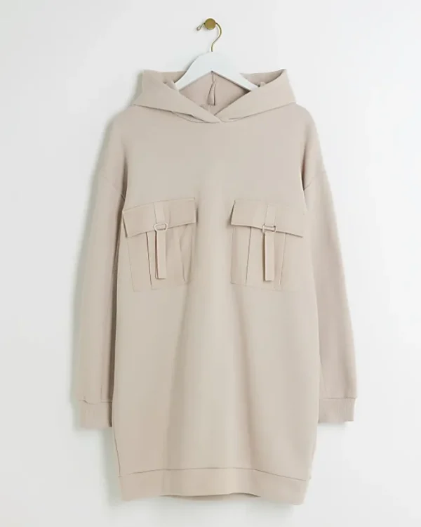 Beige utility hooded sweatshirt mini dress