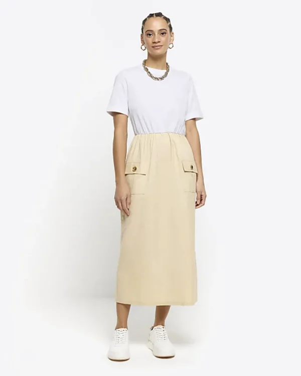 Beige utility hybrid t-shirt midi dress