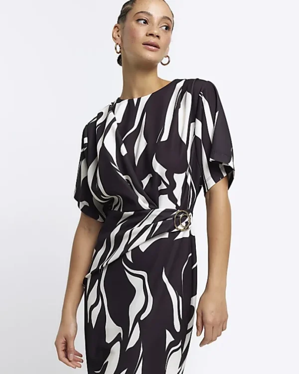 Black abstract wrap bodycon midi dress