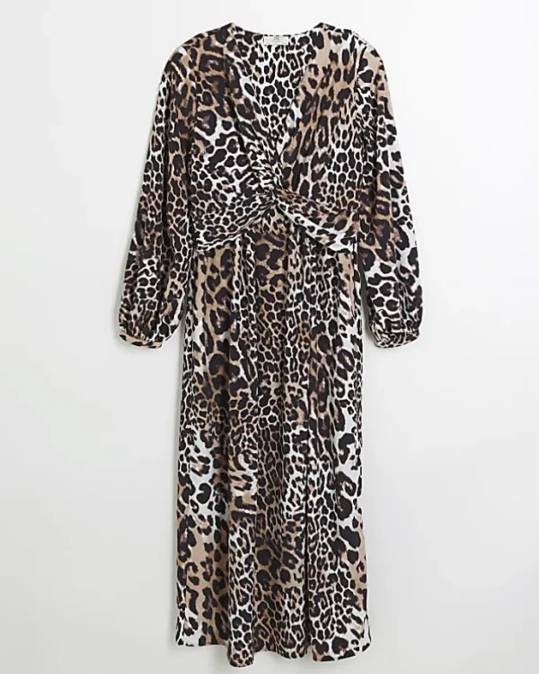 Black animal print knot swing midi dress