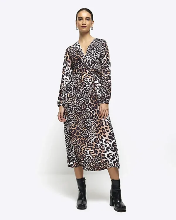 Black animal print knot swing midi dress