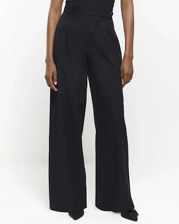 Black asymmetric waist wide leg trousers