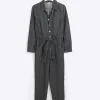 Black belted denim jumpsuit