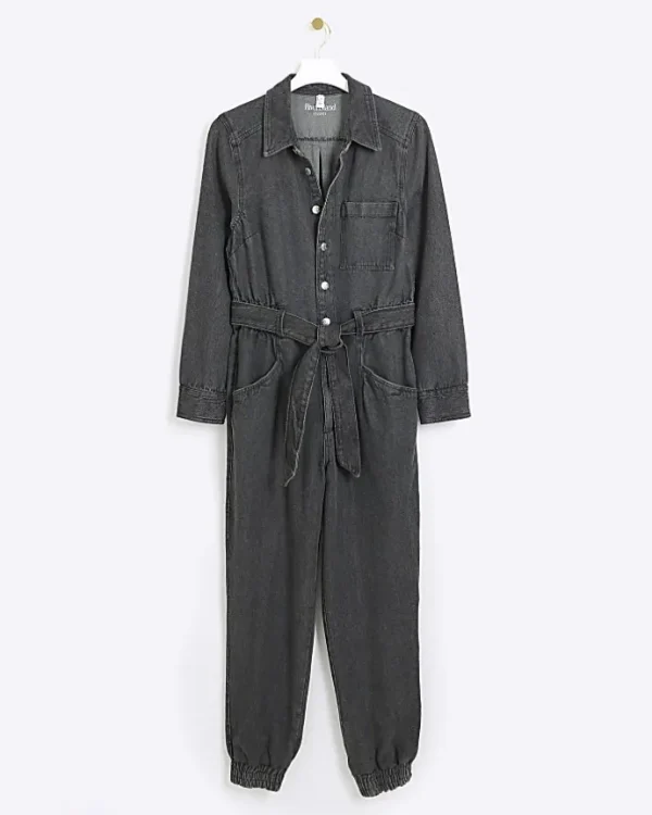 Black belted denim jumpsuit