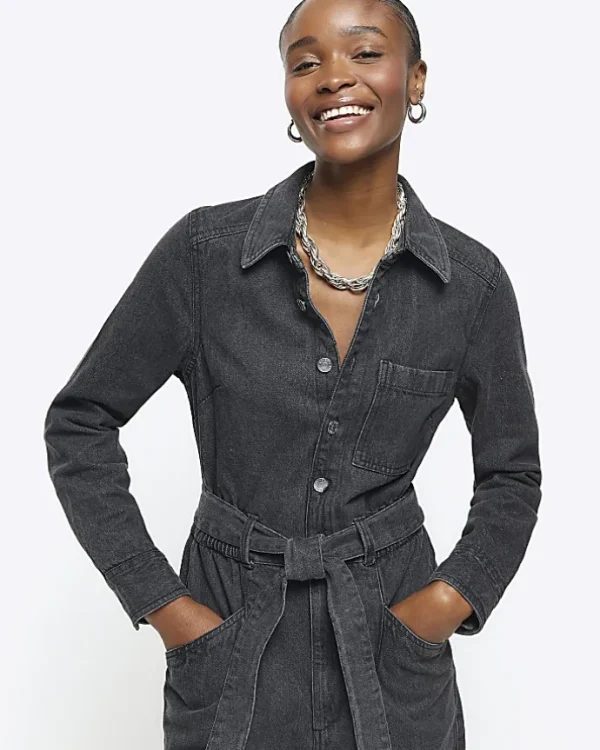 Black belted denim jumpsuit