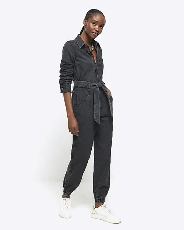 Black belted denim jumpsuit