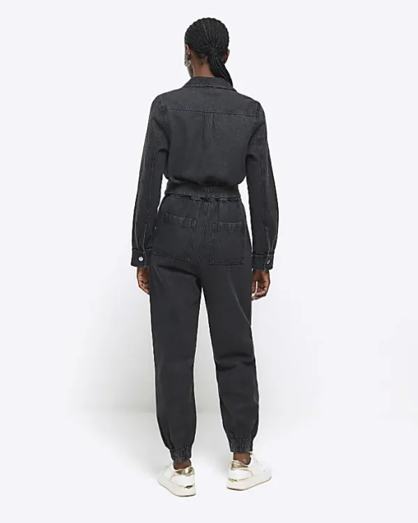 Black belted denim jumpsuit