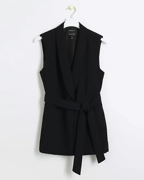 Black belted longline waistcoat